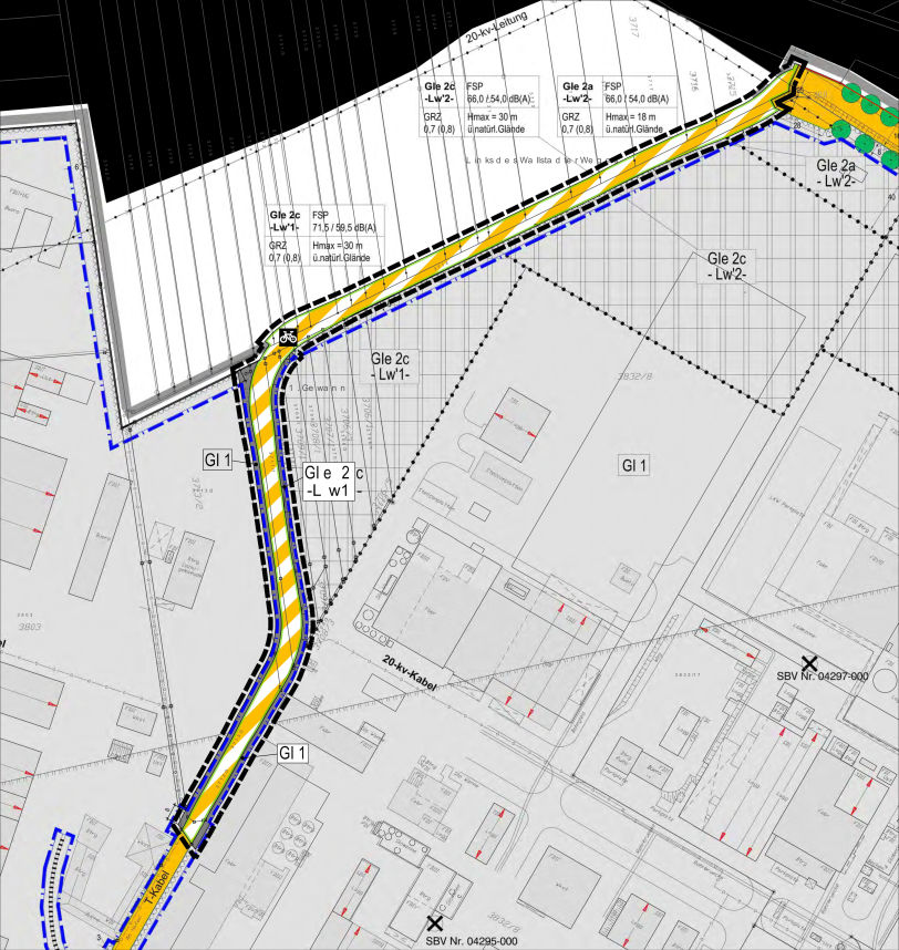 Plan einer Zufahrtsstraße vom Norden zur Firma Isover mit seitlichem Radweg
