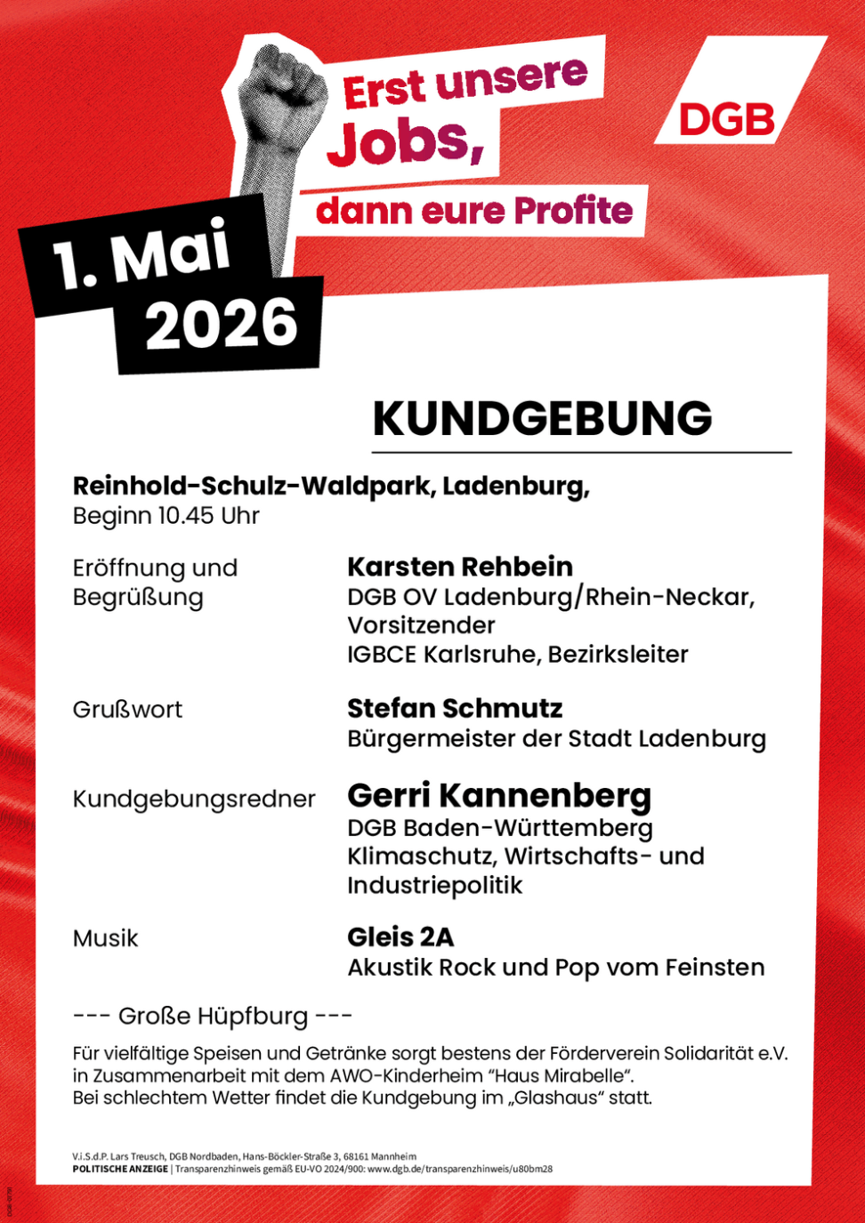 Plakat zur 1. Mail Feier der Ortsgruppe Ladenburg des DGB im Waldpark