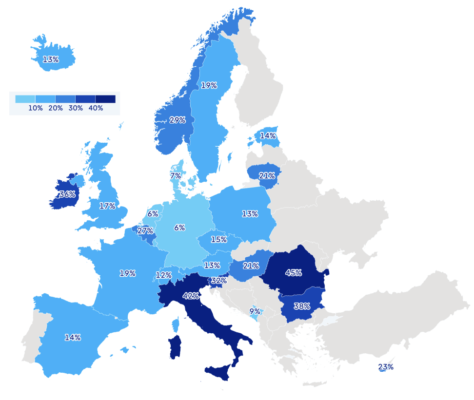 Europakarte mit Färbung der Länder nach dem Prozentsatz des Wassers, welches aus Trinkwasserleitungen leckt