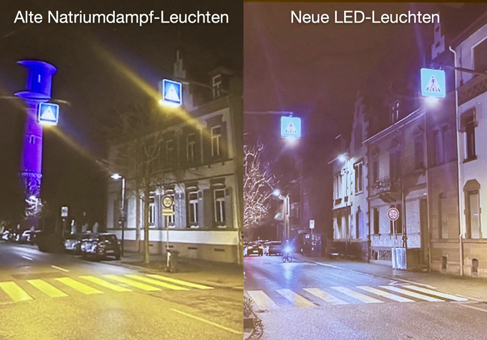 Vergleich von alten Natriumdampflampen und neuen LED-Leuchten bei zwei Fußgängerübergängen in Ladenburg