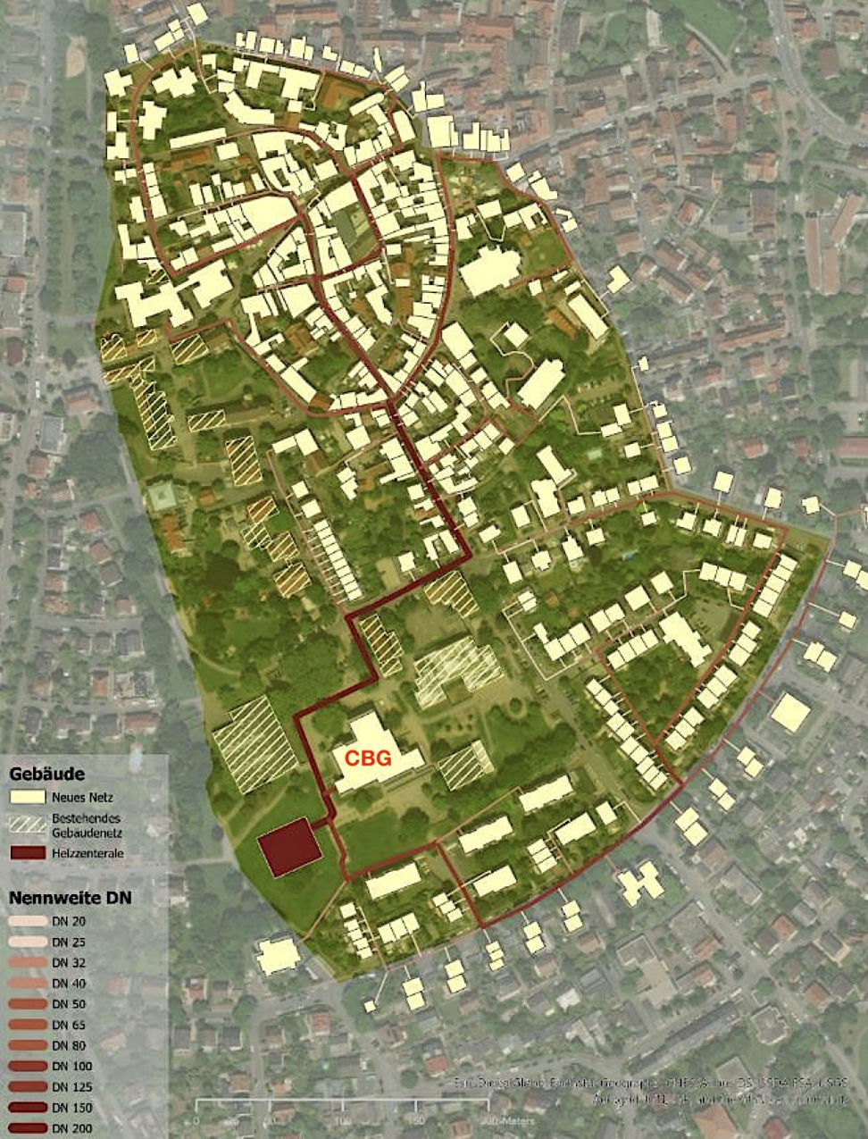 Karte des potenziellen Nahwärmenetzes in Teilen der Ladenburger Altstadt