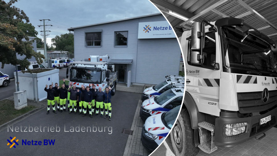 Netze BW Ladenburg. Mitarbeiter stehen vor dem Betriebsgebäude