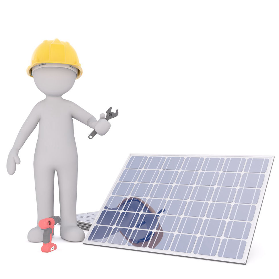 Stilisierter Installateur und ein Photovoltaik-Panel